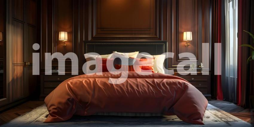 Luxurious Retreat: A Sumptuous Bedroom with Rich Wood Accents and Warm Lighting