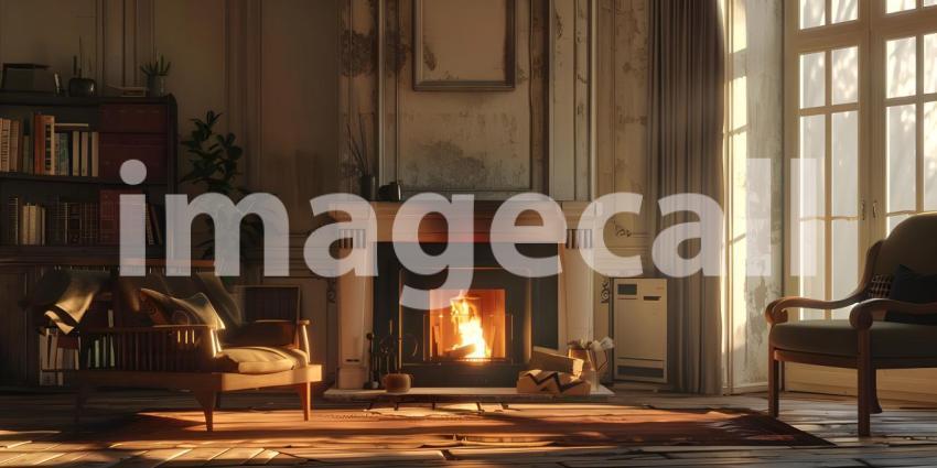 A Sanctuary of Warmth: A Cozy Living Room with a crackling Fireplace and Rich Woodwork