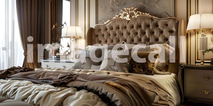 Luxurious Retreat: A Sumptuous Bedroom with Rich Wood Accents and Warm Lighting