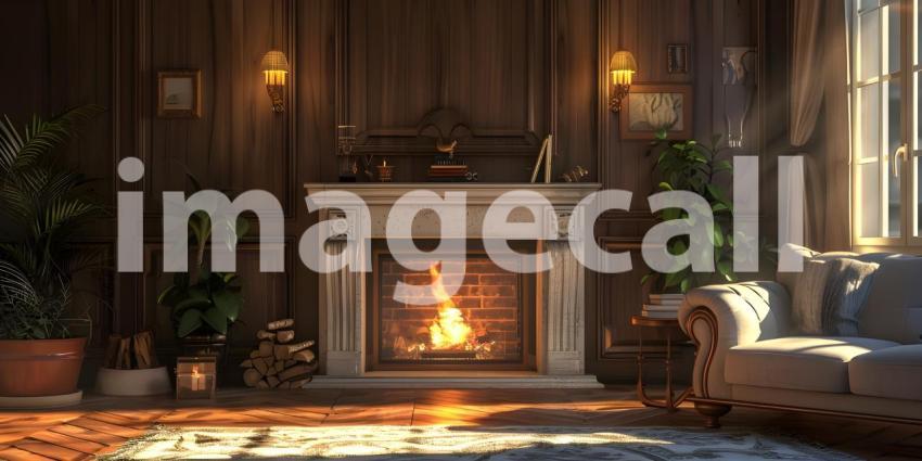 A Sanctuary of Warmth: A Cozy Living Room with a crackling Fireplace and Rich Woodwork