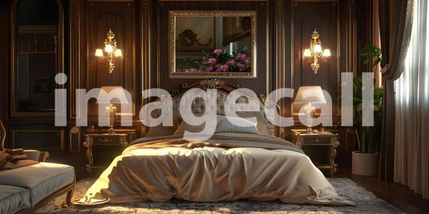 Luxurious Retreat: A Sumptuous Bedroom with Rich Wood Accents and Warm Lighting