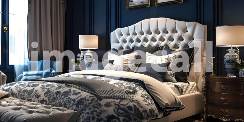 Luxurious Retreat: A Sumptuous Bedroom with Rich Wood Accents and Warm Lighting