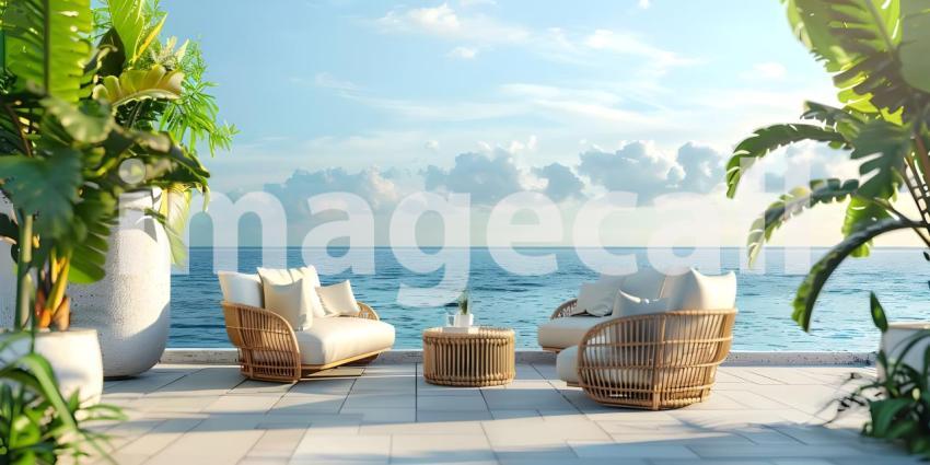 Architectural Design: A Luxurious Terrace with a Pergola and Ocean Views, Outdoor Living Space: A Spacious Patio with Comfortable Seating and Ocean Views