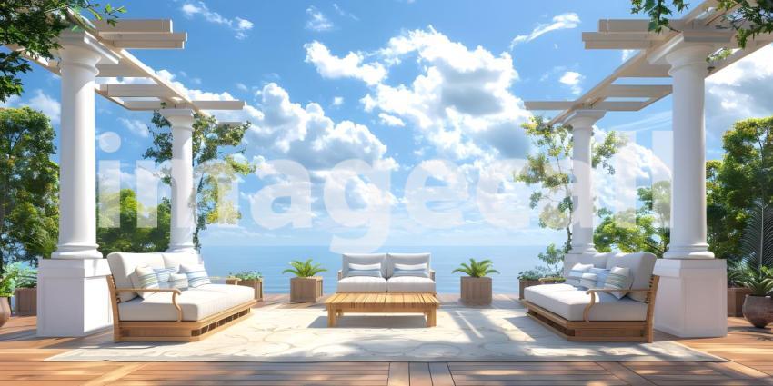 Architectural Design: A Luxurious Terrace with a Pergola and Ocean Views, Outdoor Living Space: A Spacious Patio with Comfortable Seating and Ocean Views