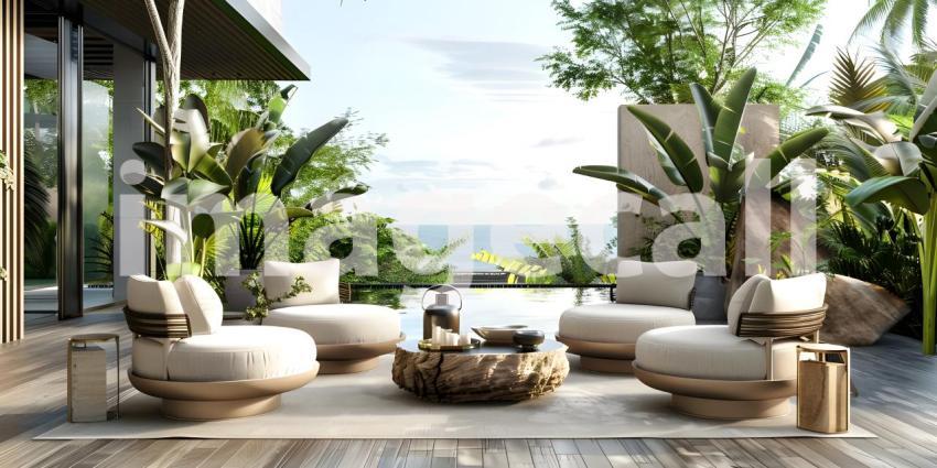 Architectural Design: A Luxurious Terrace with a Pergola and Ocean Views, Outdoor Living Space: A Spacious Patio with Comfortable Seating and Ocean Views