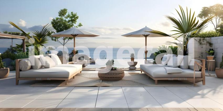 Architectural Design: A Luxurious Terrace with a Pergola and Ocean Views, Outdoor Living Space: A Spacious Patio with Comfortable Seating and Ocean Views