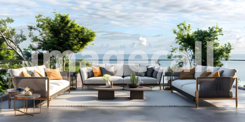 Architectural Design: A Luxurious Terrace with a Pergola and Ocean Views, Outdoor Living Space: A Spacious Patio with Comfortable Seating and Ocean Views