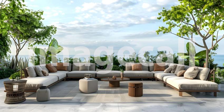 Architectural Design: A Luxurious Terrace with a Pergola and Ocean Views, Outdoor Living Space: A Spacious Patio with Comfortable Seating and Ocean Views