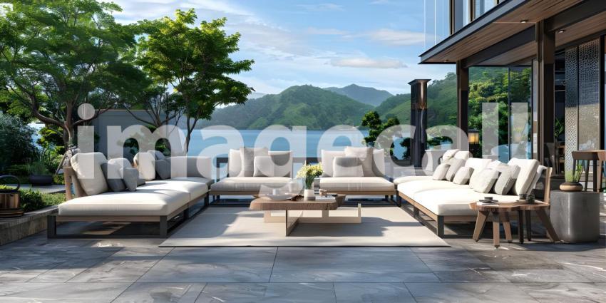 Architectural Design: A Luxurious Terrace with a Pergola and Ocean Views, Outdoor Living Space: A Spacious Patio with Comfortable Seating and Ocean Views