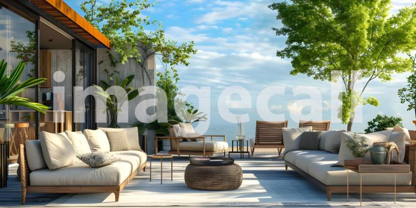 Architectural Design: A Luxurious Terrace with a Pergola and Ocean Views, Outdoor Living Space: A Spacious Patio with Comfortable Seating and Ocean Views