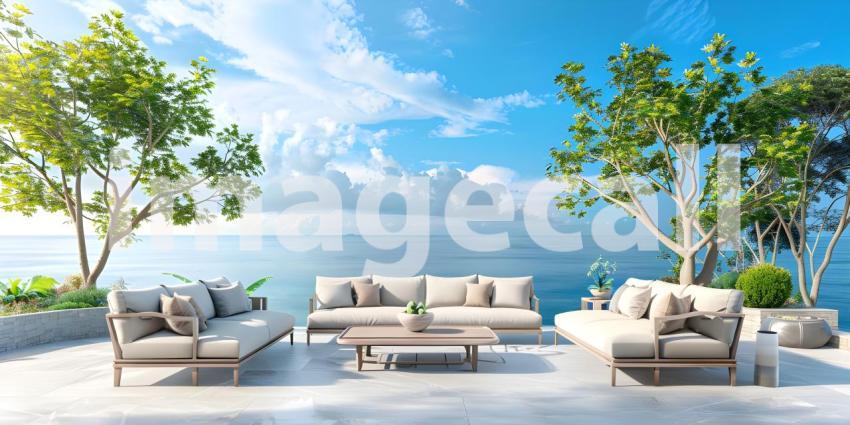 Architectural Design: A Luxurious Terrace with a Pergola and Ocean Views, Outdoor Living Space: A Spacious Patio with Comfortable Seating and Ocean Views