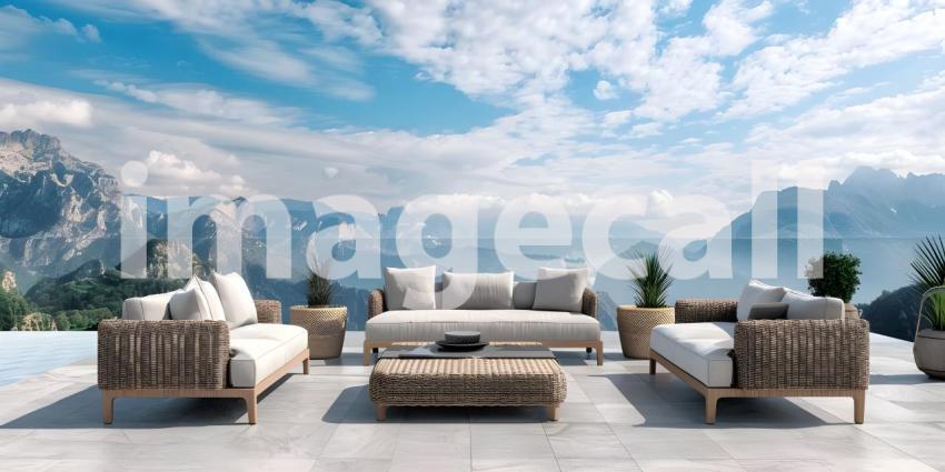 Architectural Design: A Luxurious Terrace with a Pergola and Ocean Views, Outdoor Living Space: A Spacious Patio with Comfortable Seating and Ocean Views