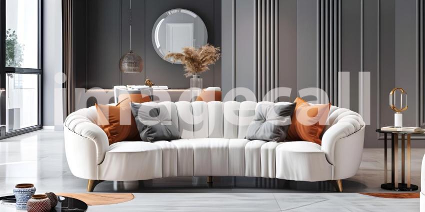 Interior Design: A Modern Living Room with a White Velvet Sofa and Gold Accents