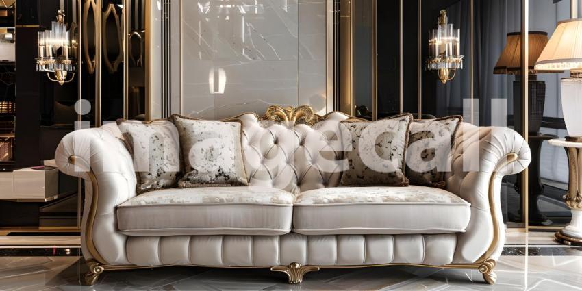 Interior Design: A Modern Living Room with a White Velvet Sofa and Gold Accents