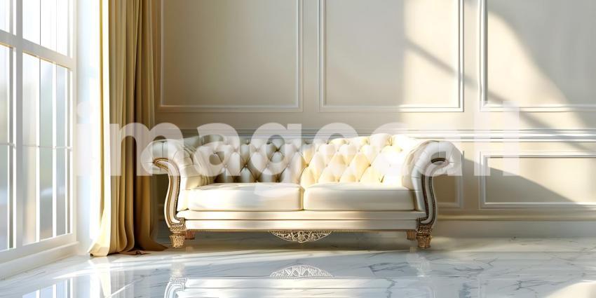 Interior Design: A Modern Living Room with a White Velvet Sofa and Gold Accents