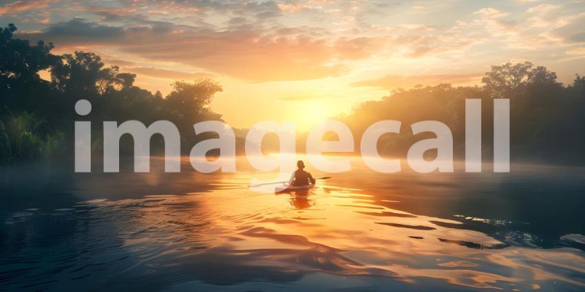 Kayaking at Sunset: Person Paddling on Calm Water with Vibrant Sky and Silhouetted Trees