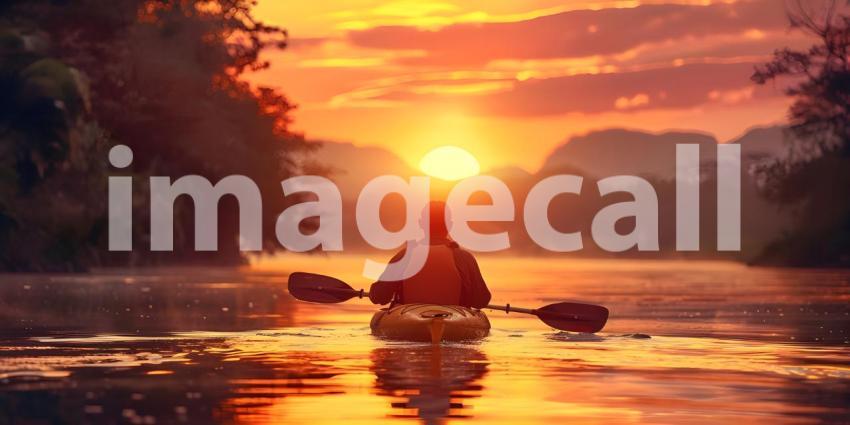 Kayaking at Sunset: Person Paddling on Calm Water with Vibrant Sky and Silhouetted Trees