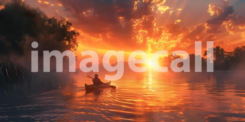 Kayaking at Sunset: Person Paddling on Calm Water with Vibrant Sky and Silhouetted Trees