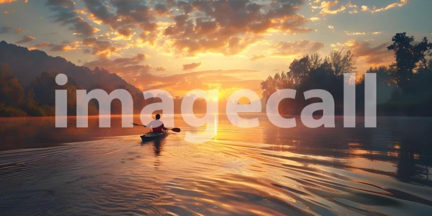 Kayaking at Sunset: Person Paddling on Calm Water with Vibrant Sky and Silhouetted Trees