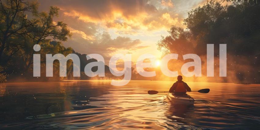 Kayaking at Sunset: Person Paddling on Calm Water with Vibrant Sky and Silhouetted Trees