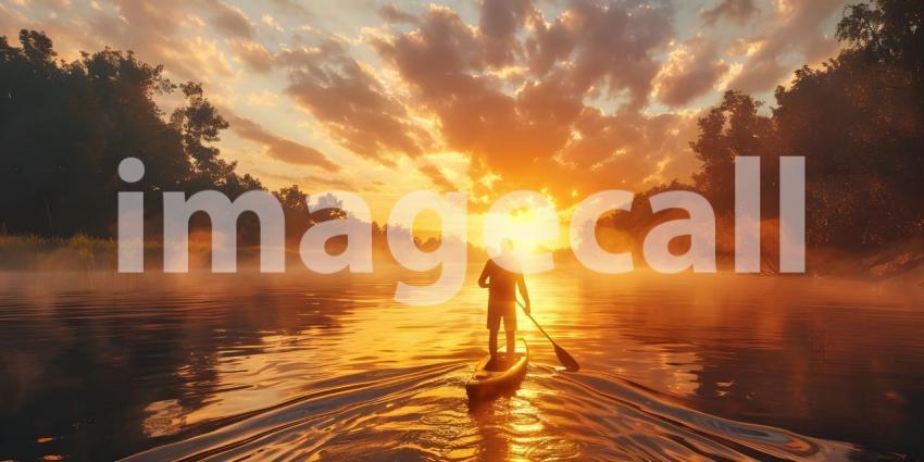 Kayaking at Sunset: Person Paddling on Calm Water with Vibrant Sky and Silhouetted Trees