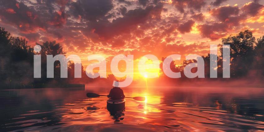 Kayaking at Sunset: Person Paddling on Calm Water with Vibrant Sky and Silhouetted Trees