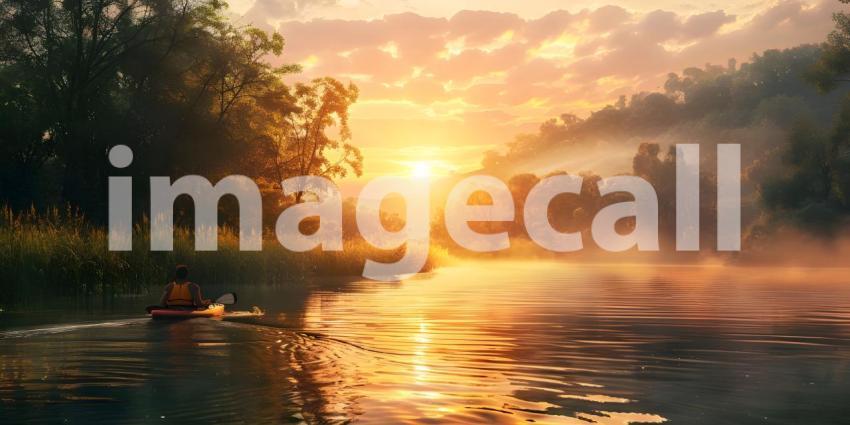 Kayaking at Sunset: Person Paddling on Calm Water with Vibrant Sky and Silhouetted Trees