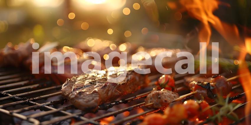 Barbecue Photography: A Close-Up of Skewers Grilling on a Hot Grill, Food Photography: A Grilling Scene with Smoke and Flames