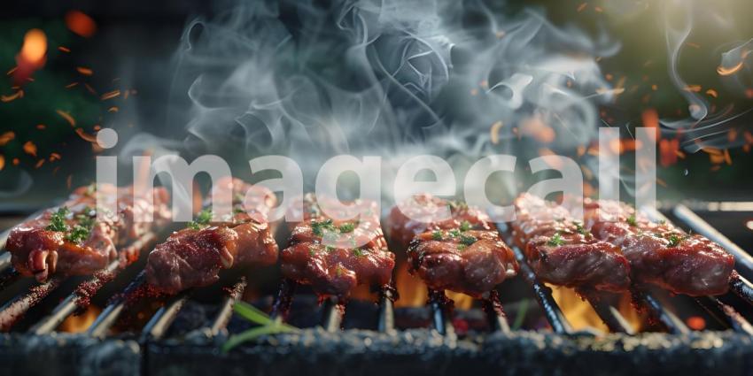 Barbecue Photography: A Close-Up of Skewers Grilling on a Hot Grill, Food Photography: A Grilling Scene with Smoke and Flames