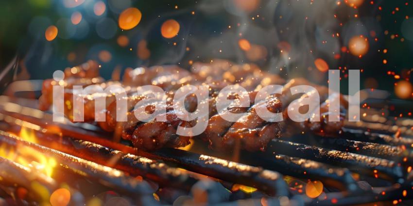 Barbecue Photography: A Close-Up of Skewers Grilling on a Hot Grill, Food Photography: A Grilling Scene with Smoke and Flames