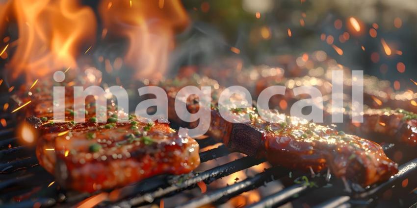 Barbecue Photography: A Close-Up of Skewers Grilling on a Hot Grill, Food Photography: A Grilling Scene with Smoke and Flames