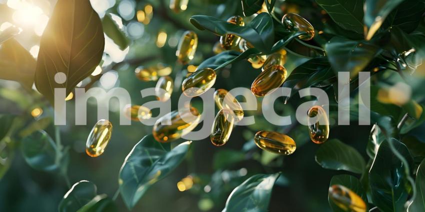Botanical Supplements: A Close-Up of Omega-3 Capsules on a Bed of Green Leaves, Product Photography: A Still Life of Nutritional Supplements with a Natural Background