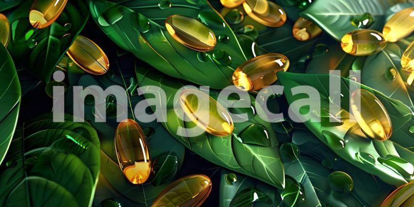 Botanical Supplements: A Close-Up of Omega-3 Capsules on a Bed of Green Leaves, Product Photography: A Still Life of Nutritional Supplements with a Natural Background