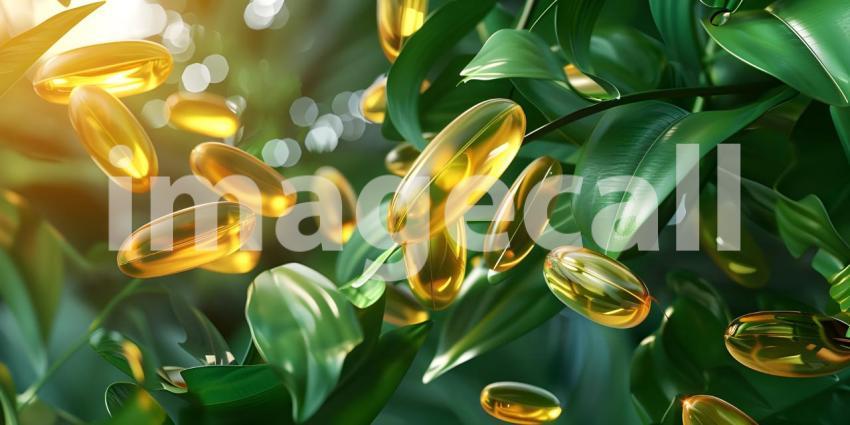 Botanical Supplements: A Close-Up of Omega-3 Capsules on a Bed of Green Leaves, Product Photography: A Still Life of Nutritional Supplements with a Natural Background