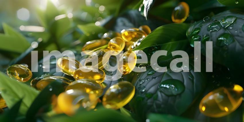 Botanical Supplements: A Close-Up of Omega-3 Capsules on a Bed of Green Leaves, Product Photography: A Still Life of Nutritional Supplements with a Natural Background