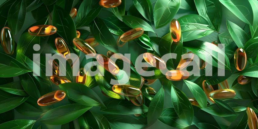 Botanical Supplements: A Close-Up of Omega-3 Capsules on a Bed of Green Leaves, Product Photography: A Still Life of Nutritional Supplements with a Natural Background