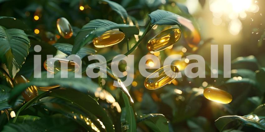 Botanical Supplements: A Close-Up of Omega-3 Capsules on a Bed of Green Leaves, Product Photography: A Still Life of Nutritional Supplements with a Natural Background