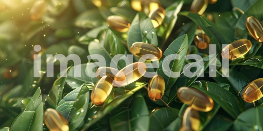 Botanical Supplements: A Close-Up of Omega-3 Capsules on a Bed of Green Leaves, Product Photography: A Still Life of Nutritional Supplements with a Natural Background