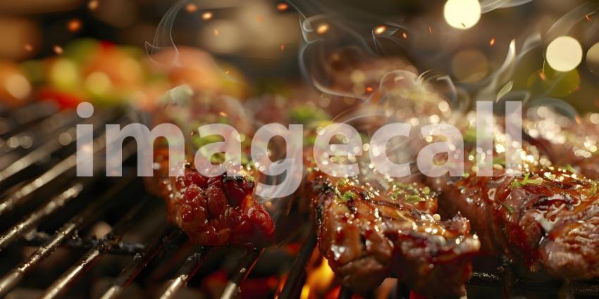 Barbecue Photography: A Close-Up of Skewers Grilling on a Hot Grill, Food Photography: A Grilling Scene with Smoke and Flames