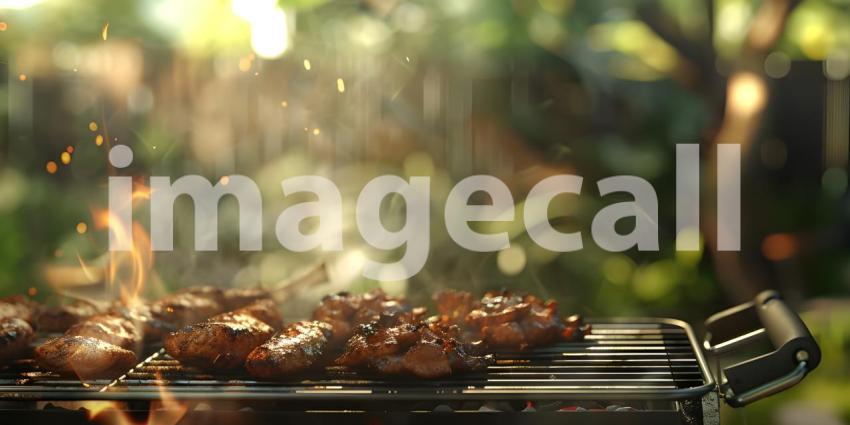 Barbecue Photography: A Close-Up of Skewers Grilling on a Hot Grill, Food Photography: A Grilling Scene with Smoke and Flames