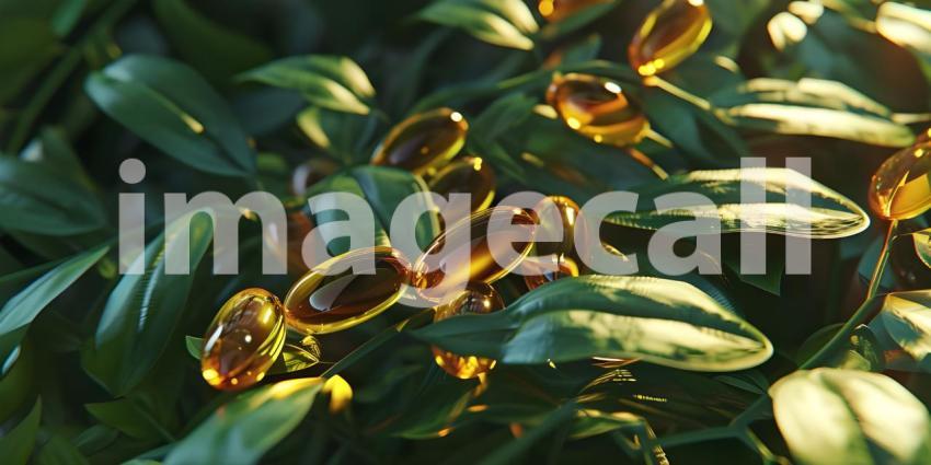 Botanical Supplements: A Close-Up of Omega-3 Capsules on a Bed of Green Leaves, Product Photography: A Still Life of Nutritional Supplements with a Natural Background