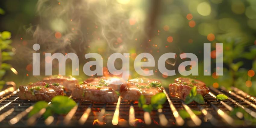 Barbecue Photography: A Close-Up of Skewers Grilling on a Hot Grill, Food Photography: A Grilling Scene with Smoke and Flames