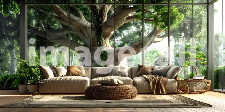 Serene Living Room with Expansive Tree View