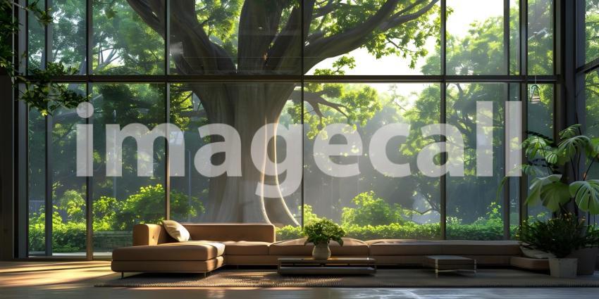 Serene Living Room with Expansive Tree View