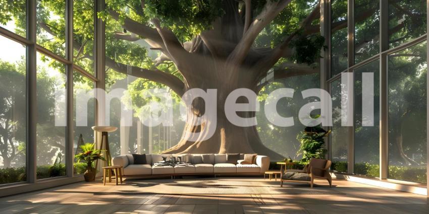 Serene Living Room with Expansive Tree View