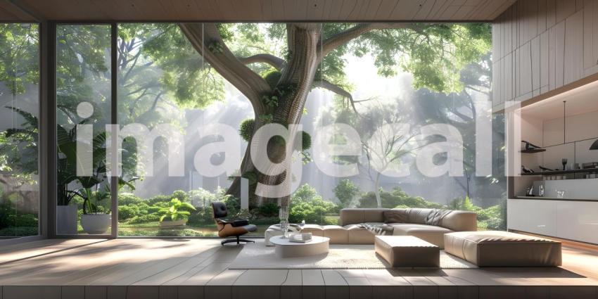 Serene Living Room with Expansive Tree View