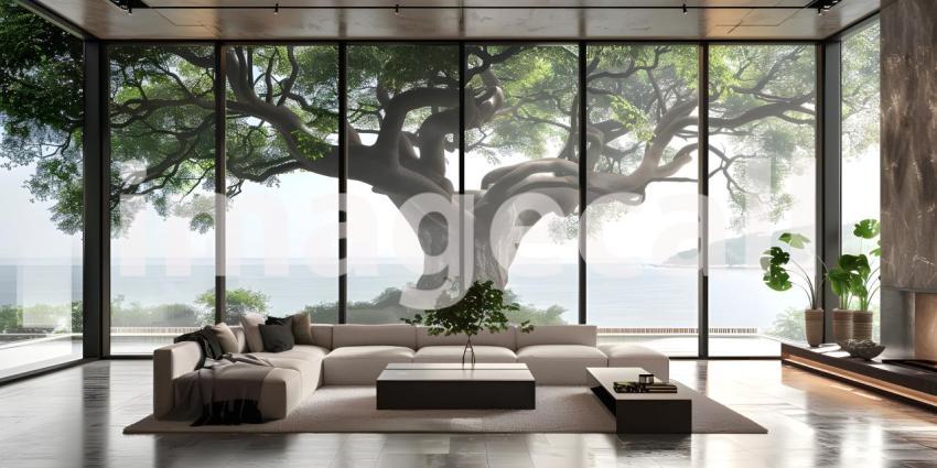 Serene Living Room with Expansive Tree View