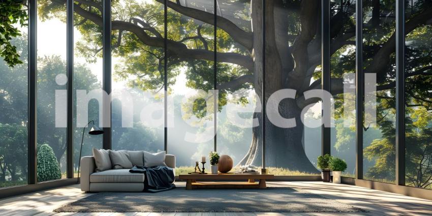 Serene Living Room with Expansive Tree View