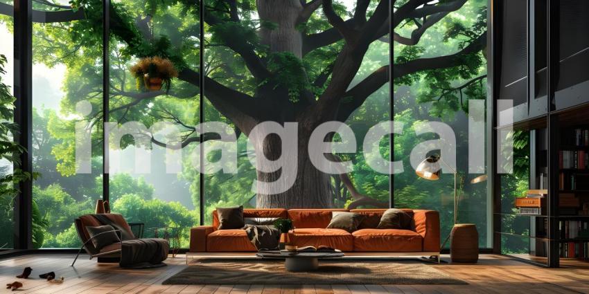 Serene Living Room with Expansive Tree View