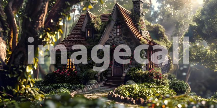 Enchanted Cottage Hidden Amongst the Trees, Moss-Covered Cottage on the Edge of a Tranquil Pond